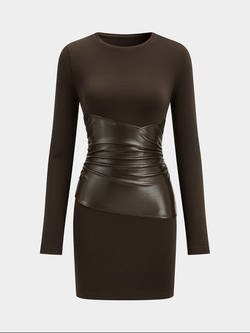 Commense Brown Long-Sleeve Dress with Faux-Leather Waist Detail